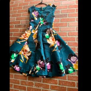 Spring Fit and Flare Dress! A Line, emerald green with floral print.